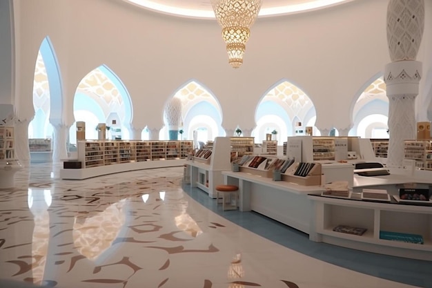 Foto innere bibliothek der sheikh zayed grand mosque mit lesebereich und bücherregalen in abu dhabi