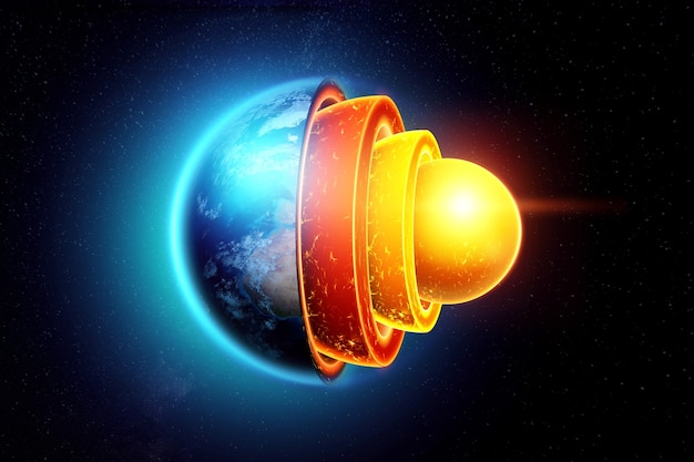 innere Struktur der Erde, die Struktur des Kerns, geologische Schichten auf einem dunklen Hintergrund. Konzept Geologie der Erde, Magma, lithosphärische Verschiebungen.