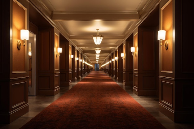 Innerer langer Hotelkorridor Erzeugen Sie Ai