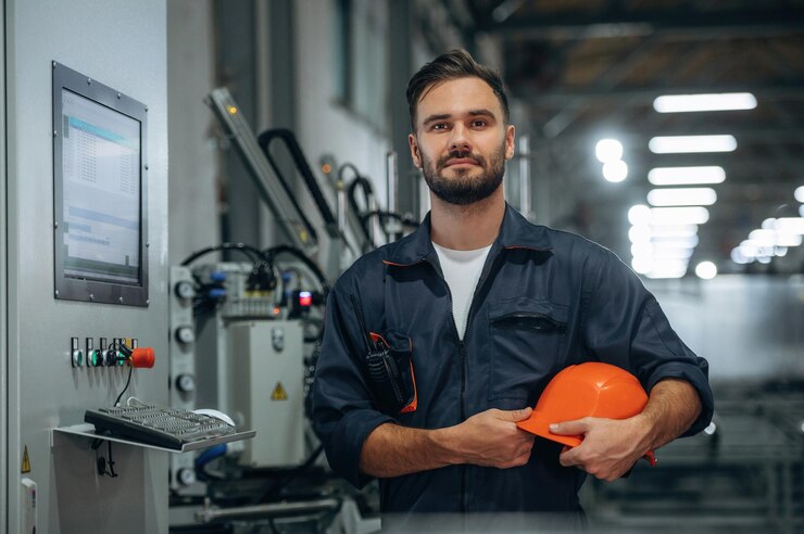 Foto innerhalb der fabrik steht ein mann, der arbeitet.