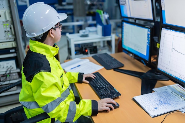 Innerhalb der großen Industrie Fabrik weibliche Computer-Ingenieur arbeitet an Personal Computer Sie Codierung Programm für die Steuerung MaschineThailand Menschen arbeiten auf Vier-Monitoren Programmierer arbeiten mit ernsthaften