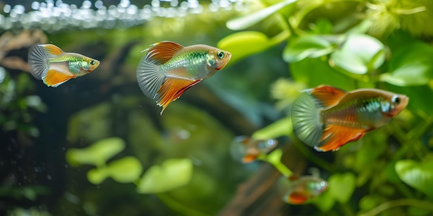 Foto innerhalb des idyllischen teiches bilden gruppen von atemberaubenden guppyfischen eine faszinierende ausstellung