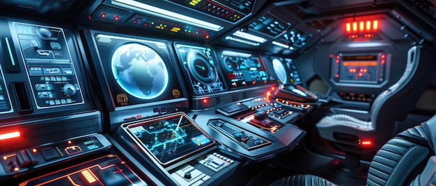 Foto innerhalb eines futuristischen kommandozentrums oder eines raumschiffs cockpits innenraum des kontrollraums einer spionagebase mit armaturenplatten und computerbildschirmen konzept der technologie monitor hintergrund