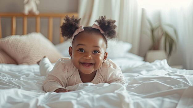 Foto innocência alegre menina negra feliz na cama sorrindo em seu quarto banner publicitário capturando a beleza da infância