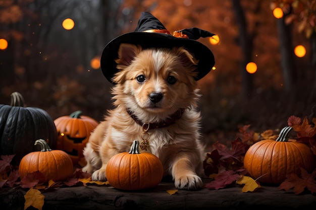 Innocencia y Encanto Escena fotorrealista de Halloween con un adorable cachorro