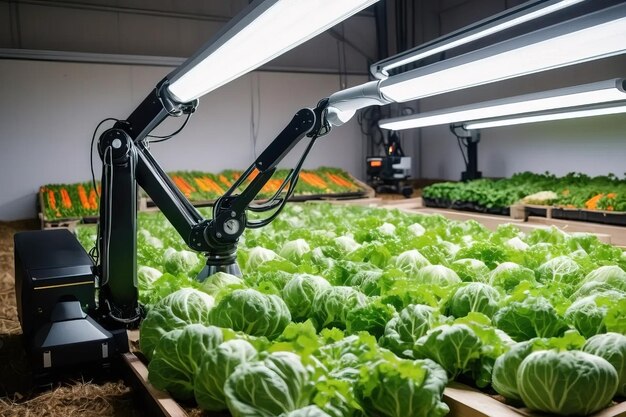 Foto innovación en la agricultura un robot recoge y examina los cultivos en un invernadero