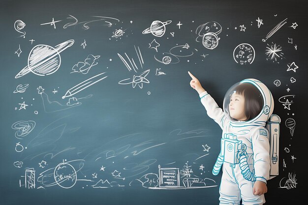 innovación conceptual educativa con un niño feliz en traje de astronauta en el fondo de la pizarra