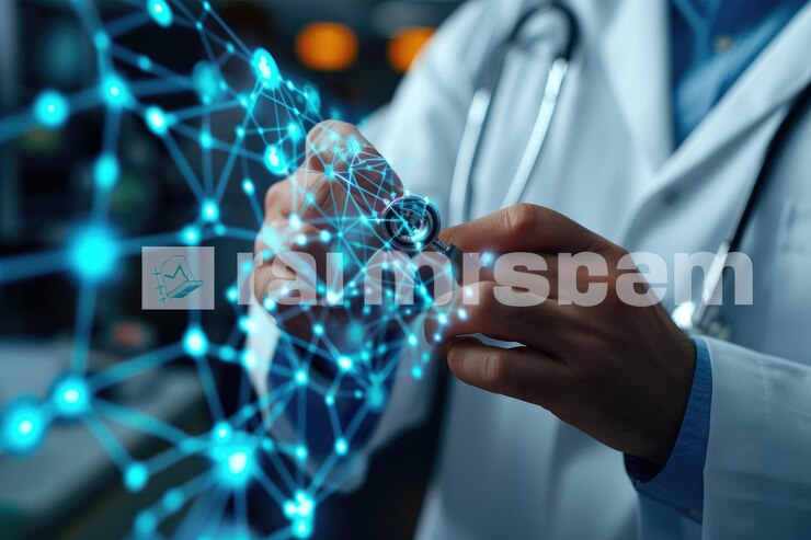innovación médica y tecnología ciencia de la medicina un médico con un estetoscopio y un entorno hospitalario futurista moderno con una conexión a la red mundial de atención médica