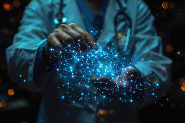 innovación médica y tecnología ciencia de la medicina un médico con un estetoscopio y un entorno hospitalario futurista moderno con una conexión a la red mundial de atención médica