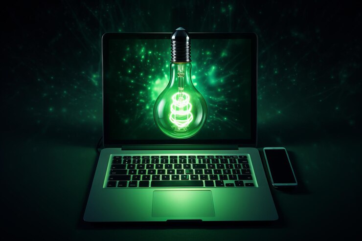 Foto innovaciones brillantes aprovechando la tecnología con una bombilla verde y un portátil plano capturado en