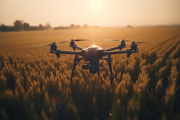 Innovaciones de tecnologías modernas agrícolas en la agricultura Primer plano de un dron volando sobre un campo de trigo al atardecer IA generativa