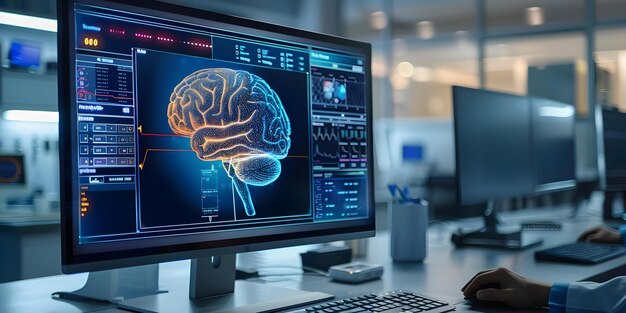 Innovador diagnóstico médico por escaneo cerebral mostrado en un monitor de computadora concepto tecnología de imágenes médicas análisis de escaneo cerebral sistemas de monitoreo por computadora innovaciones en el cuidado de la salud