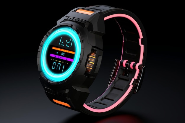 Innovador reloj futurista con vibrantes tonos tecnológicos de neón IA generativa