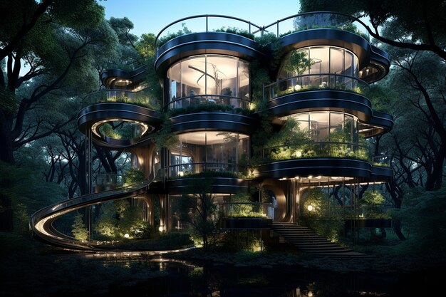 Innovadora eco-consciente elegante vista de la casa