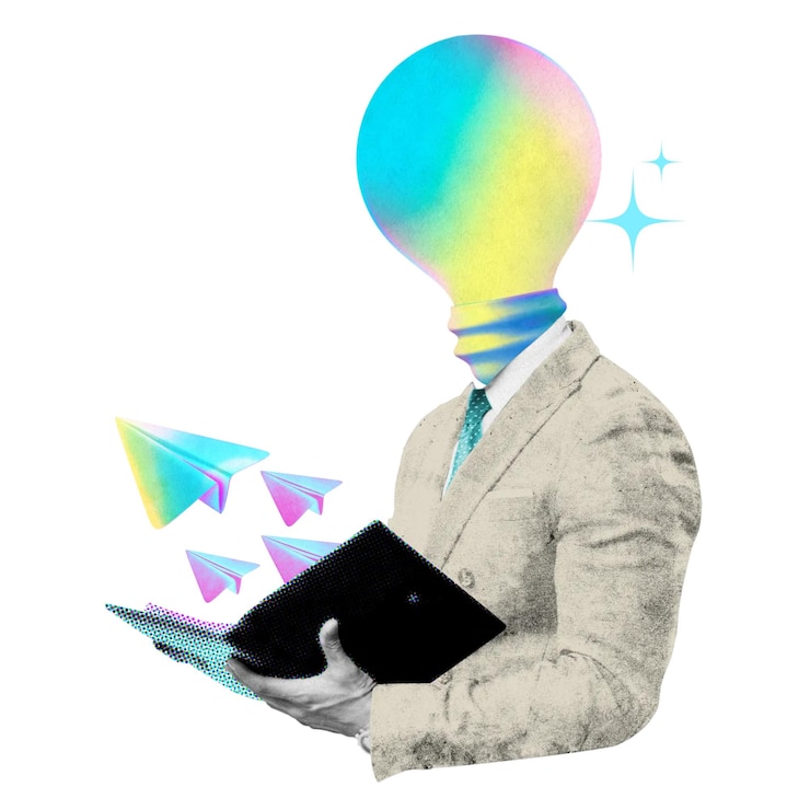 Foto innovation png glühbirnen geschäftsmann collage remix durchsichtiger hintergrund
