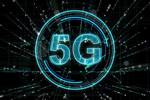 Innovationstechnologie und Hi-Speed-Internet-Konzept mit digitalem blauem 5g-Symbol in einem Kreis auf abstraktem dunklem Hintergrund mit abstrakten Linien und Punkten 3D-Rendering