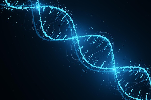 Innovationswissenschafts- und Genetikkonzept mit hellem digitalen DNA-Molekül auf abstraktem dunkelblauem Hintergrund mit binärer Code-3D-Darstellung
