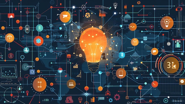 Innovatives Technologiekonzept, das durch eine leuchtende Glühbirne dargestellt wird, die von miteinander verbundenen digitalen Ikonen und Datenvisualisierung umgeben ist