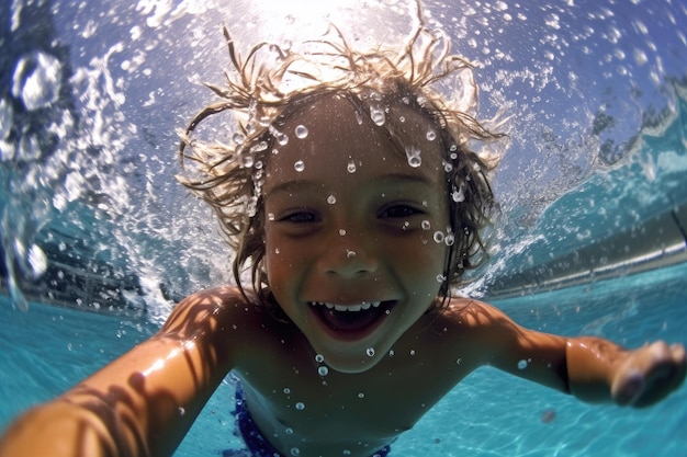 La inocencia y la curiosidad de un niño mientras explora el mundo submarino de una piscina.