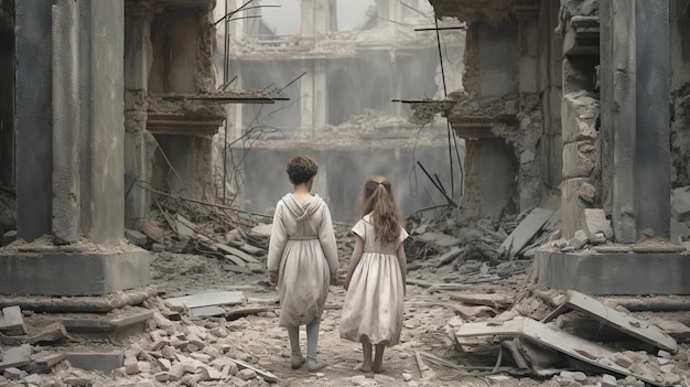 Inocência em meio às ruínas abraçando crianças em WarTorn Debrishyper realista