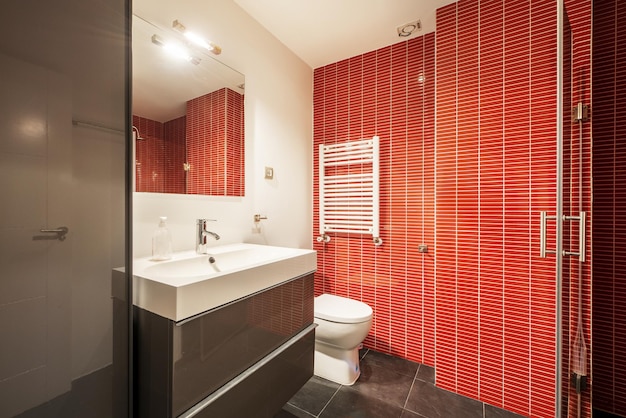 Inodoro de azulejos rojos en varias paredes con un gabinete de baño gris brillante, un espejo sin marco en la pared y un toallero de radiador blanco en la pared
