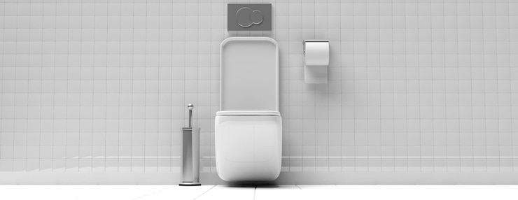 Foto inodoro blanco y accesorios en la pared de azulejos y fondo del piso banner ilustración 3d
