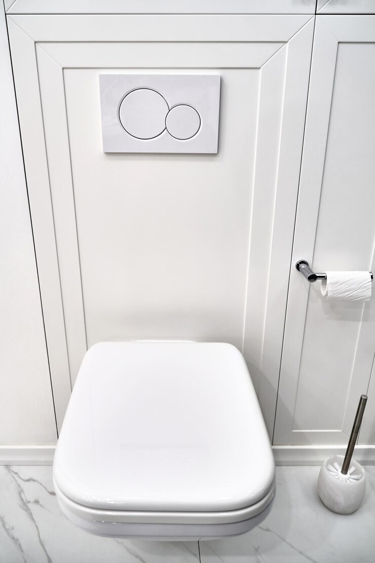 Foto inodoro contemporáneo y elegante con tanque oculto detrás de un panel blanco y botones de descarga en la pared
