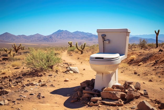 un inodoro se sienta en un desierto con un paisaje desértico en el fondo