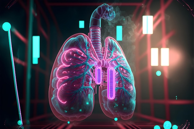 Inovações em medicina. Pulmões artificiais, tubos brônquicos e sistema respiratório. Ai gerado.