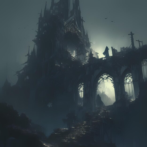 La inquietante catedral gótica en una atmósfera de niebla