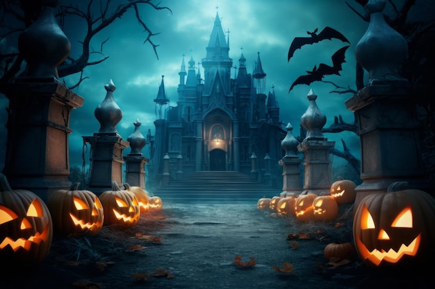 Inquietante telón de fondo de la noche de Halloween Calabazas de ojos luminosos cerca del castillo de Drácula en la oscuridad