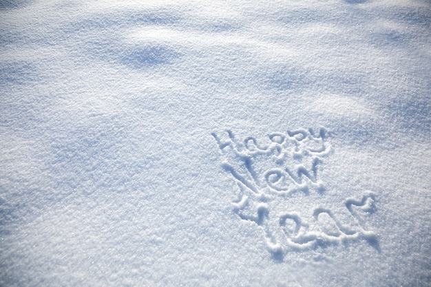 Inschrift Frohes Neues Jahr auf schneebedecktem Winterhintergrund