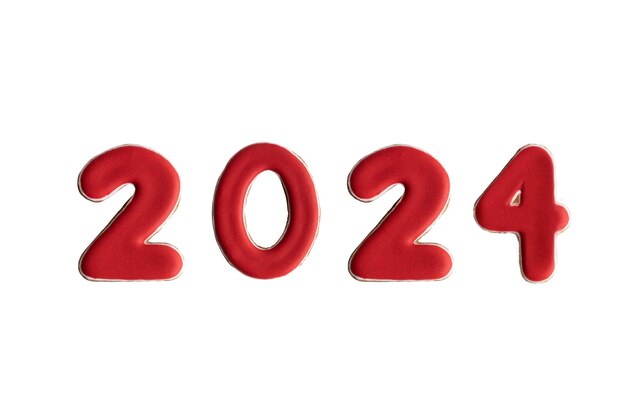Inschrift in roten Zahlen 2024 isoliert auf weißem Hintergrund Glückliches neues Jahr 2024