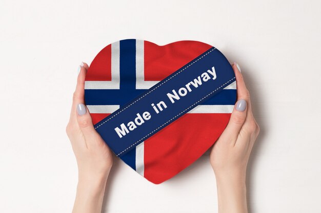 Inschrift Made in Norway die Flagge von Norwegen. Weibliche Hände, die einen geformten Kasten des Herzens halten. .