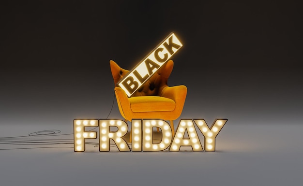 Inscrição criativa de Black Friday perto de poltrona no estúdio cinza