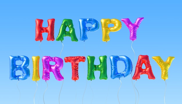 Inscrição de feliz aniversário de balões multicoloridos no céu azul Feliz aniversário