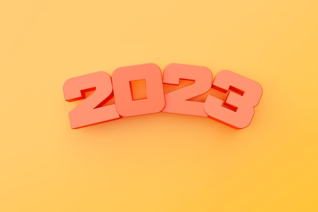 Inscrição de ilustração 3D 2023 em um fundo amarelo Variabilidade dos anos Ilustração do símbolo do ano novo