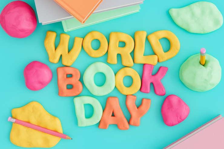 Inscrição do Dia Mundial do Livro em plástico sobre fundo azul