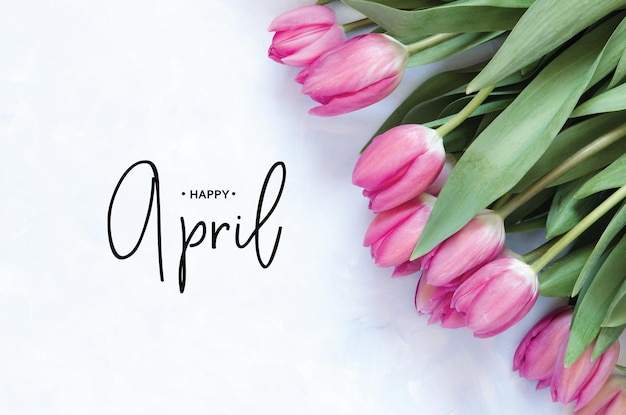 Inscrição feliz abril tulipa flor fundo de primavera