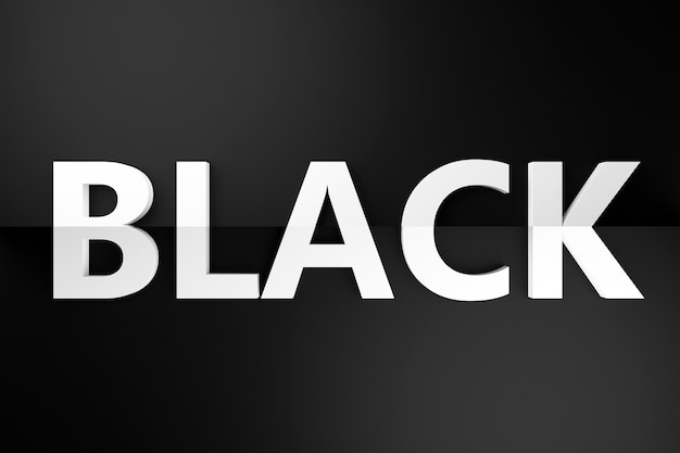 Foto inscrição volumétrica da ilustração 3d em letras brancas e pretas sobre um fundo preto brilhante e isolado. símbolo de cor