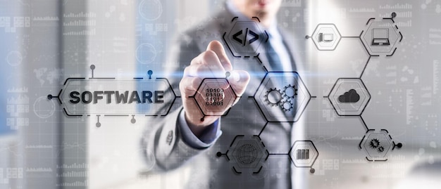 INSCRICIÓN DE SOFTWARE en la pantalla virtual Concepto de tecnología informática