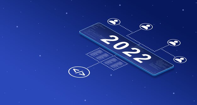 Foto inscripción 2022 en la plataforma con elementos de código e iconos de usuario 3d