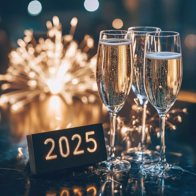 La inscripción "2025" está en la mesa, las copas de champán a su lado, los fuegos artificiales en el fondo.