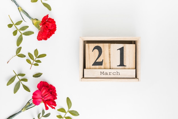 Inscripción del 21 de marzo con flores de clavel.