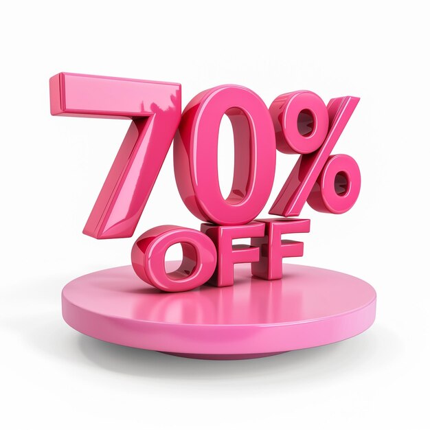 Inscripción 3D voluminosa de color rosa brillante 70 OFF aislada en fondo blanco Elemento para descuento de diseño