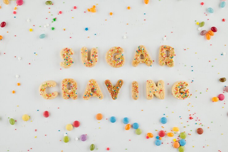 Foto inscripción de antojo de azúcar hecha de letras de galleta y decorada con chispas de arco iris