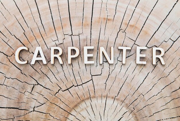 la inscripción Carpenter hecha de letras de madera sobre tocón en el bosque