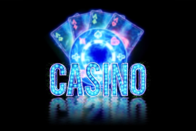 Inscripción de casino. Fichas de neón y cartas para póquer, atrebutics de hologramas de casino. Ganar, plantilla de publicidad de casino, juegos de azar, juegos de vegas, apuestas. Ilustración 3D, render 3D.