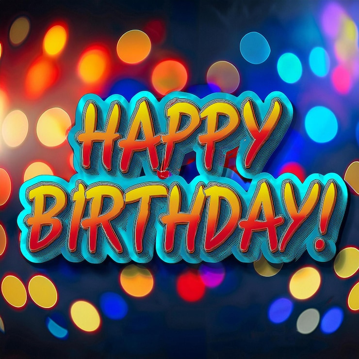 Foto inscripción de felicitación feliz cumpleaños en un fondo oscuro borroso