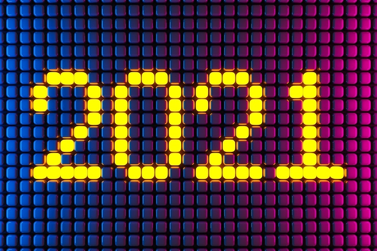 Foto inscripción de ilustración 3d 2021 de pequeños cubos amarillos sobre un fondo de neón. ilustración del símbolo del año nuevo.
